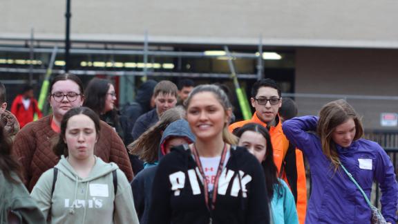 students touring a college